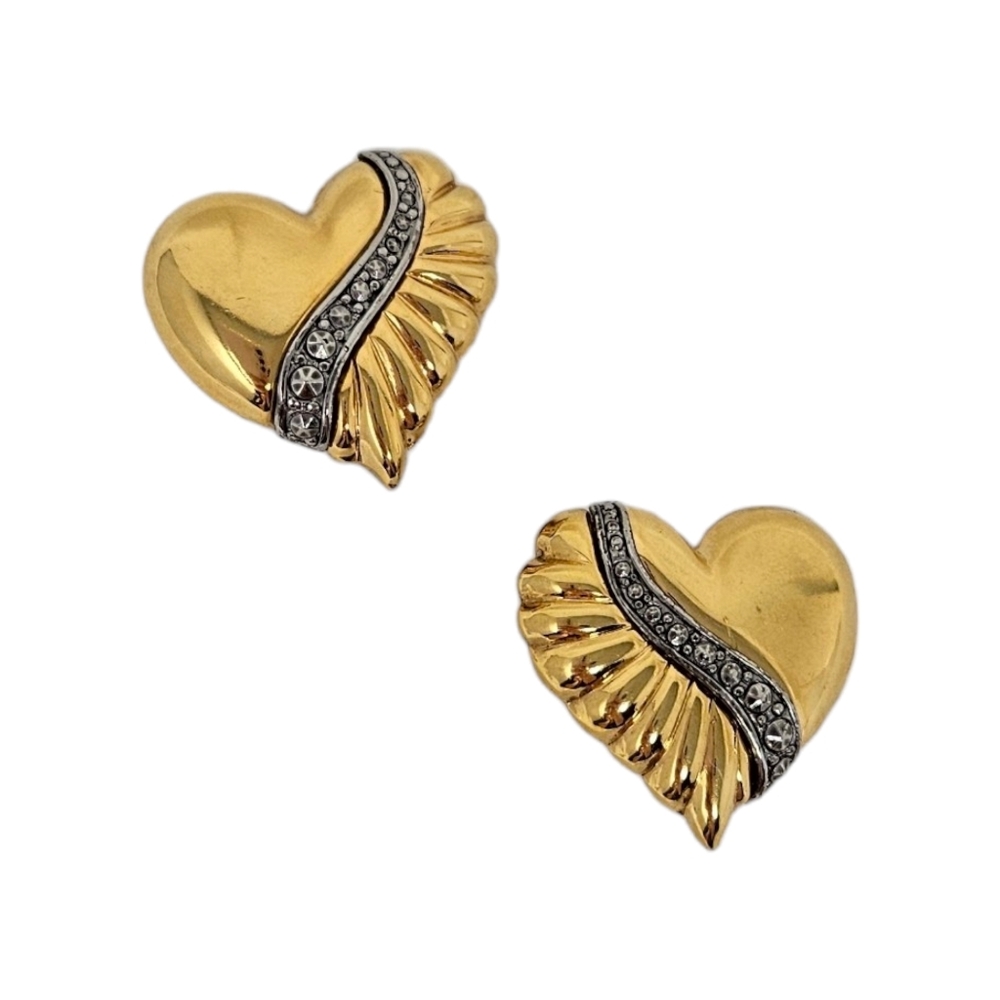 Heart Earrings Shiny Gold Silver Tone Clip On